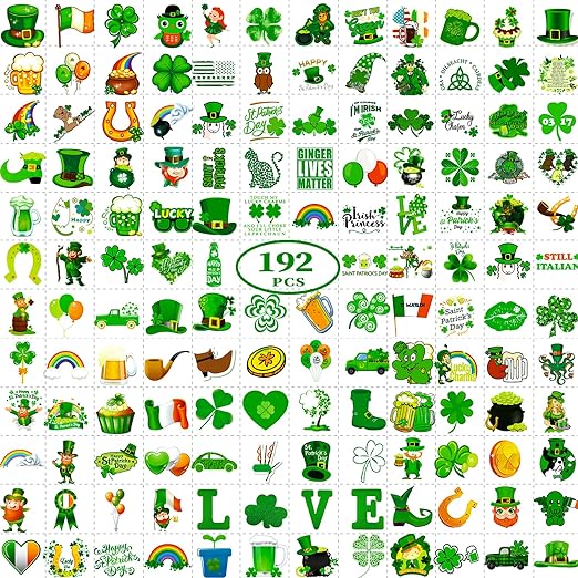 Photo 1 of Zomme 192 PCS Unique Design St Patricks Day Tattoos, Include Shamrock Tattoos, Green Temporary Tattoos and St. Patrick's Day Tattoos Stickers, Lucky Clover Temporary Tattoos for Party Favors Accessories or Irish Party