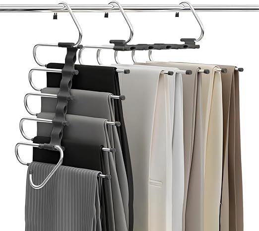 Photo 1 of 2-Pack Stainless Steel Pants Hangers, Space Saving 5-Tier Closet Organizer, Anti-Slip & Multi-Functional, Horizontal/Vertical Use for Jeans, Trousers, Skirts, Scarves - Black