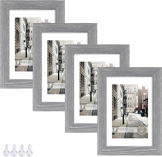 Photo 1 of 4x6 Picture Frame 4 Pack - 100% Solid Wood with Glass, Display Pictures 3.5x5 with Mat or 4x6 without Mat for Table and Wall Horizontal & Vertical (Grey Frame)