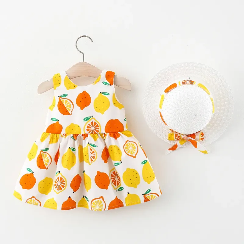 Photo 1 of 100% Cotton 2pcs Baby Girl All Over Lemon Print V Neck Sleeveless Bowknot Dress with Hat Set  size  3 years 