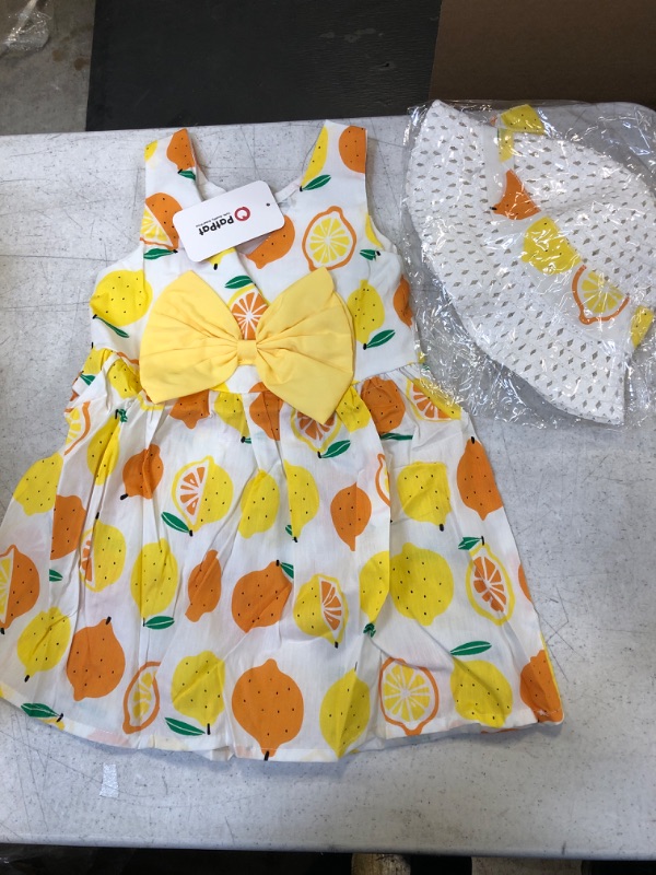 Photo 2 of 100% Cotton 2pcs Baby Girl All Over Lemon Print V Neck Sleeveless Bowknot Dress with Hat Set  size  3 years 