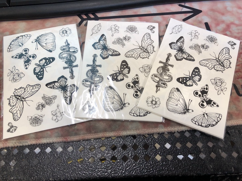Photo 2 of 3 packs Black Butterfly Temporary Tattoos for Women Girls, 6Sheets Large Fake Flower Butterflies Wings Realistic Adults Tattoo Stickers Art Waterproof for Face Body Arm Party Favors