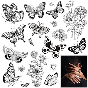 Photo 1 of 3 packs Black Butterfly Temporary Tattoos for Women Girls, 6Sheets Large Fake Flower Butterflies Wings Realistic Adults Tattoo Stickers Art Waterproof for Face Body Arm Party Favors