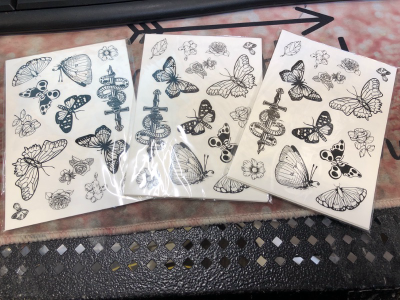 Photo 1 of 3 packs Black Butterfly Temporary Tattoos for Women Girls, 6Sheets Large Fake Flower Butterflies Wings Realistic Adults Tattoo Stickers Art Waterproof for Face Body Arm Party Favors