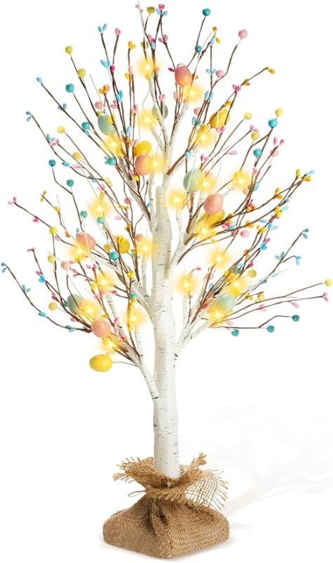 Photo 1 of 18 Inch Lighted Easter Egg Tree Tabletop Decor, Easter Trees Centerpieces with LED Light for Home Easter Party Wedding Holiday Spring Table Decor(Pink, Teal, Yellow)