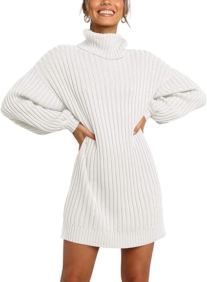 Photo 1 of LOGENE Women's Sweater Dress Turtleneck Long Balloon Sleeve Ribbed Knit Oversized Pullover Dresses - SIZE XL