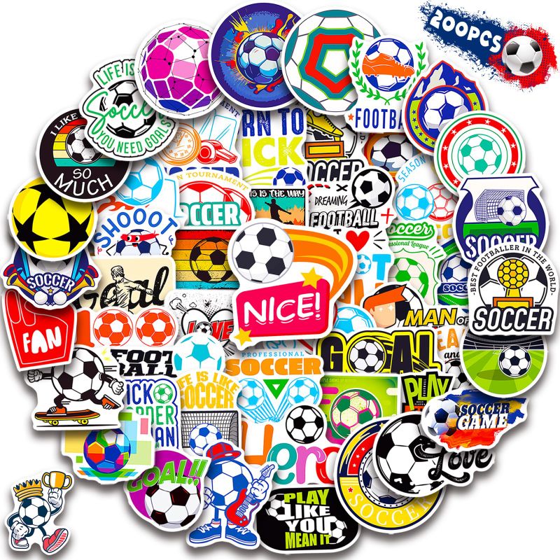 Photo 1 of ++2 PACK++ Soccer Stickers 200PCS Soccer Sports Stickers for Boys, Waterproof Vinyl Stickers for Water Bottles, Kids Stickers Soccer Party Favors Soccer Gifts Stickers for Kids Teens Soccer Lovers