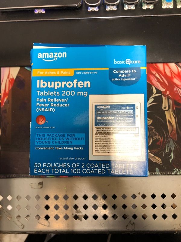Photo 1 of Amazon Basic Care Ibuprofen Tablets, 200 mg, Pain Reliever and Fever Reducer, For Headache, Muscular Aches, Arthritis, Backache and More, 100 Count (Pack of 1) 100 Count (Pack of 1) Individual Pouches