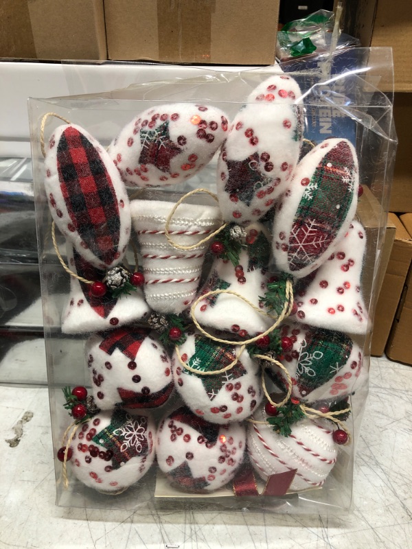 Photo 2 of 14 Pcs Rustic Christmas Ball Ornaments, 3.15 Inches Burlap Buffalo Plaid Christmas Tree Decorations, Vintage Farmhouse Sequin Flocked Ornaments for Xmas Tree, Home Decor, Party