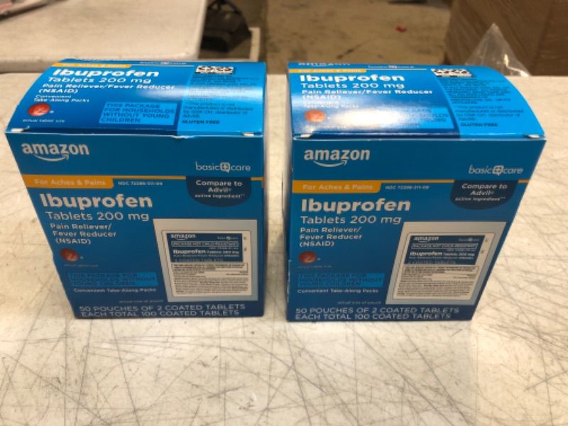 Photo 2 of ++2 PACK++ Amazon Basic Care Ibuprofen Tablets, 200 mg, Pain Reliever and Fever Reducer, For Headache, Muscular Aches, Arthritis, Backache and More, 100 Count (Pack of 1) 100 Count (Pack of 1) Individual Pouches