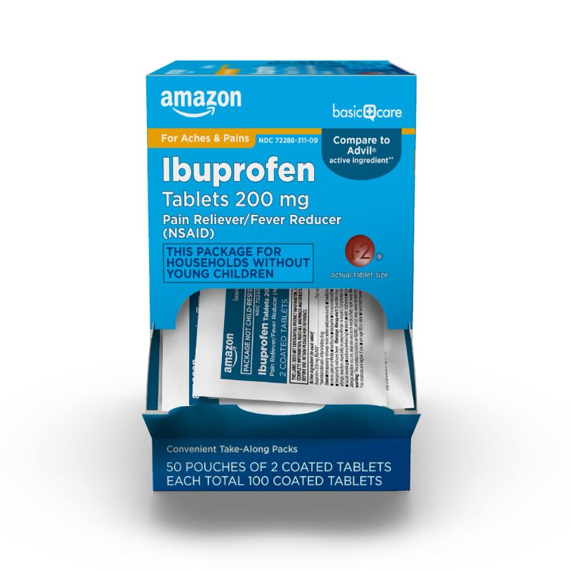 Photo 1 of ++2 PACK++ Amazon Basic Care Ibuprofen Tablets, 200 mg, Pain Reliever and Fever Reducer, For Headache, Muscular Aches, Arthritis, Backache and More, 100 Count (Pack of 1) 100 Count (Pack of 1) Individual Pouches