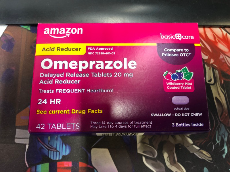 Photo 2 of Amazon Basic Care Omeprazole Delayed Release Tablets 20 mg, Acid Reducer, Wildberry Mint Coated Tablet, 42 Count