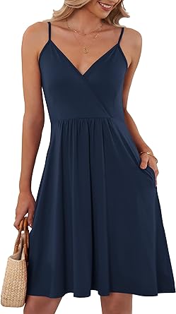 Photo 1 of (M, NAVY BLUE) MISFAY Women's Summer Floral Wrap V Neck Adjustable Spaghetti Strap Casual Swing Dress with Pocket
