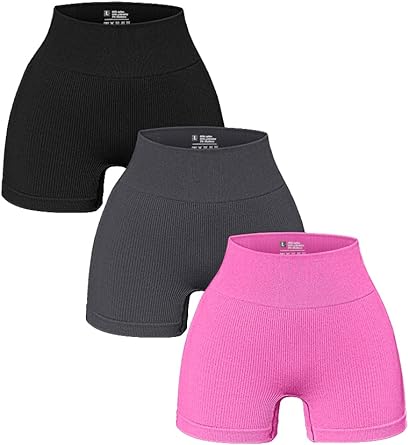 Photo 1 of OQQ Women's 3 Piece Yoga Shorts Ribbed Seamless Workout High Waist Athletic Leggings MEDIUM