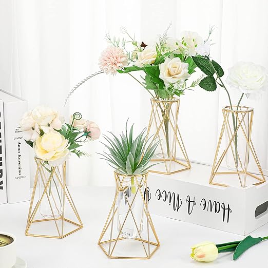 Photo 1 of 4 Pcs Gold Geometric Vase for Centerpieces Metal Flower Stand with Glass Cylinder Hydroponic Plant Flower Vase Modern Vase for Home Floor Office Wedding (Geometric, 6.3 Inch)
