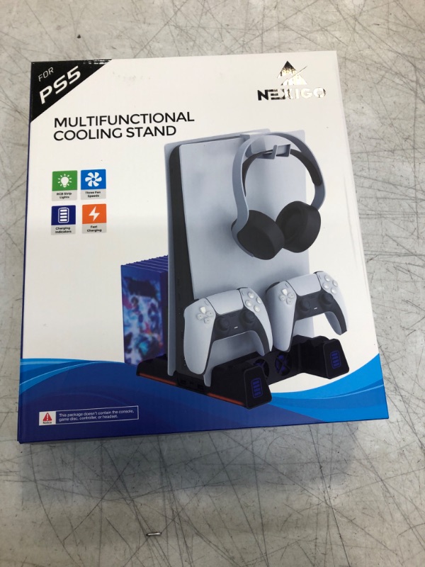 Photo 1 of NexiGo PS5 Slient Cooling Stand with RGB LED Light, Dual Charging Station Compatible with DualSense Edge Controller, Hard Drive Slot, Headset and Remote Holders, 10 Game Slots, Black Black Standard