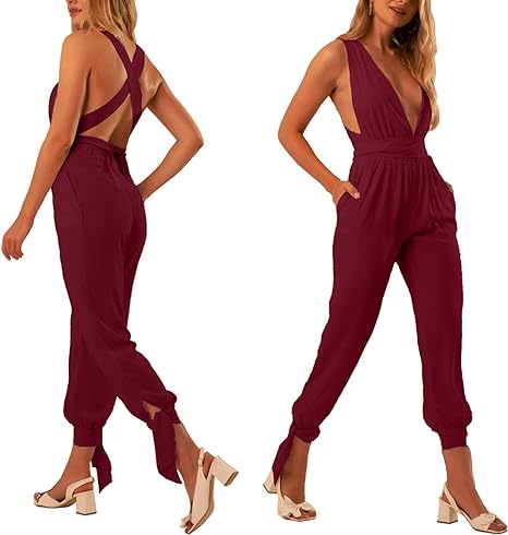 Photo 1 of Annystore Women's Sexy Deep V Neck Sleeveless Backless Jumpsuit High Waist Criss Cross Tie Back Rompers Overalls with Pockets BLACK LARGE  