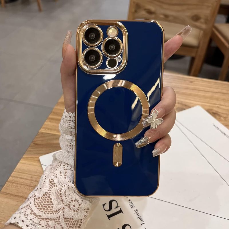 Photo 1 of OOK for iPhone 12 Pro Max Case with Camera Lens Cover [Compatible with Magsafe] Luxury Plating Edge Magnatic Black Soft TPU Shockproof Protective Phone Cover for Women Men 6.7 Inch - Blue
