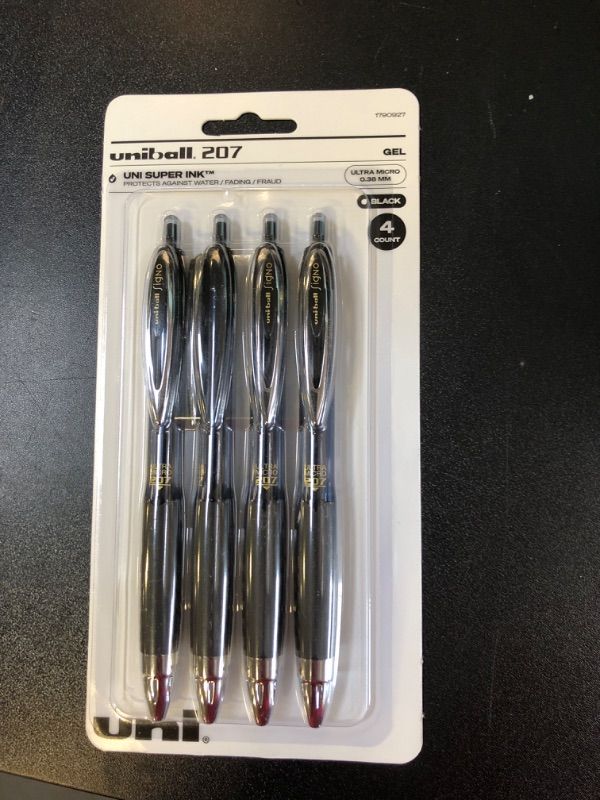 Photo 2 of Uni-ball® 207™ Retractable Fraud Prevention Gel Pens, Ultra Micro Point, 0.38 Mm, Translucent Black Barrels, Black Ink, Pack of 4
