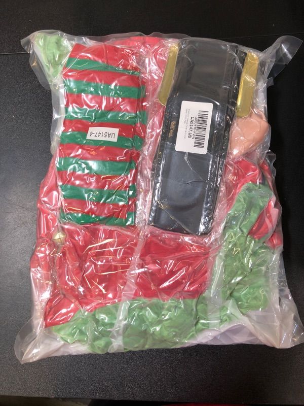 Photo 2 of SOMSOC 7 Pack Kids Christmas Elf Costume Set Boys Velvet Elf Dress Up Santa's Helper Costume Xmas Festive Outfit with Elf Hat Shoes Ears Belt Striped Over Knee High Socks