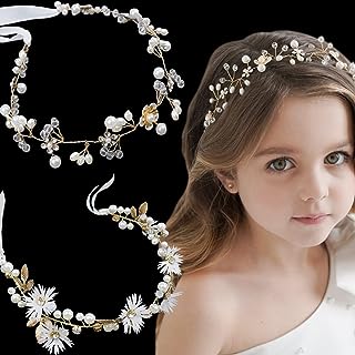 Photo 1 of 2 Pieces Bridal Hair Vines Flower Wedding Headband Princess Hair Accessories Crystal Pearls Headpiece Elegant Head bands for Bridesmaid and Flower Girls (Gold)
