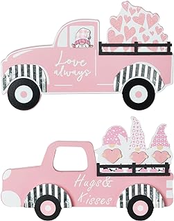 Photo 1 of DECSPAS Valentines Day Decorations, 2 PCS Pink Truck Wood Block Set Valentines Day Decor, Heart Gnome Ornaments Valentine Decor, Love Sign Valentines Decorations for The Home, Mantle, Dining Table