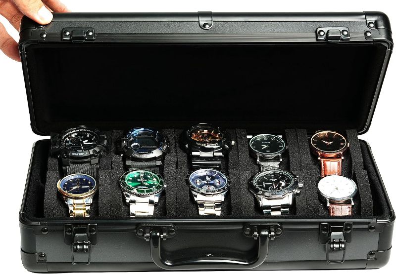 Photo 1 of 10 slots Aluminum watch case, Hard Deluxe watch storage organizer box with soft foam padding snug fit watches up to 55mm face
