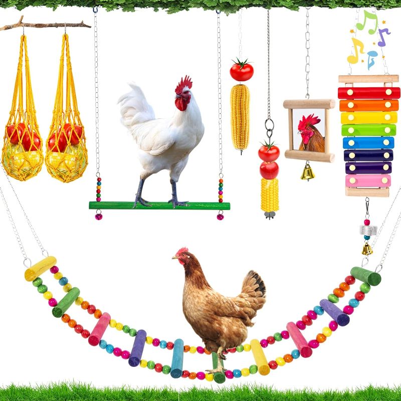 Photo 1 of  Chicken Toys Set - with Chicken Xylophone Toy, Chicken Mirror, Chicken Ladder Bridge, Coop Swing, Vegetable Hanging Chicken Feeder, Chewing Foraging Toys, Accessories for Hens
