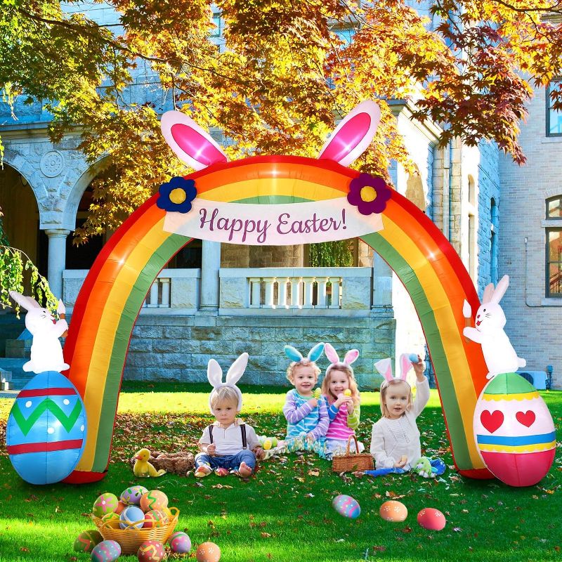 Photo 1 of 
Glimin 9.8 ft Easter Inflatables Arch Yard Decorations Blow up Bunny Rainbow Archway with Colorful Eggs with LED Lights for Party, Lawn, Yard, Outdoor...