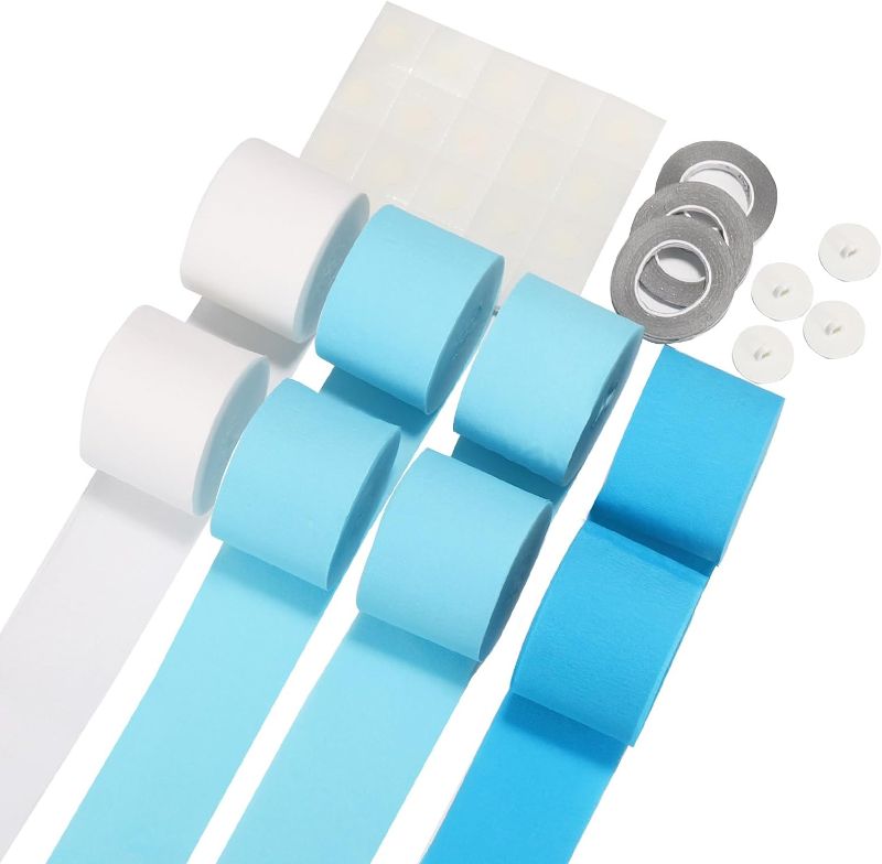 Photo 1 of Crepe Paper Streamers,All-in-1 8 Rolls Blue Streamer Backdrop Set,Birthday Party Decorations with 200 Adhesive Dots,4 Hooks,3 Ropes for Birthday,Bachelorette,Wedding Decorations