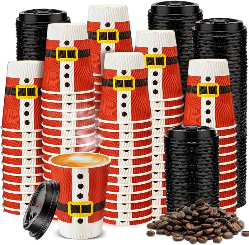 Photo 1 of 100 Pcs Christmas Cups with Lid 12 oz Disposable Coffee Cup Bulk, Insulated Ripple Wall Paper Cups Holiday Tea Cup for Chocolate Christmas Party Decoration(Christmas Belt Style)