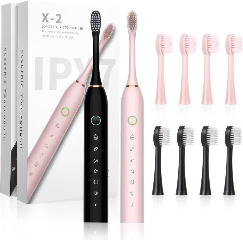 Photo 1 of 2 Pack Sonic Electric Toothbrush for Adults and Kids, Rechargeable Electric Toothbrushe with 8 Brush Heads, 6 Modes, 2 Minutes Smart Timer, 4 Hours Fast Charge for 45 Days(Pink-Black)