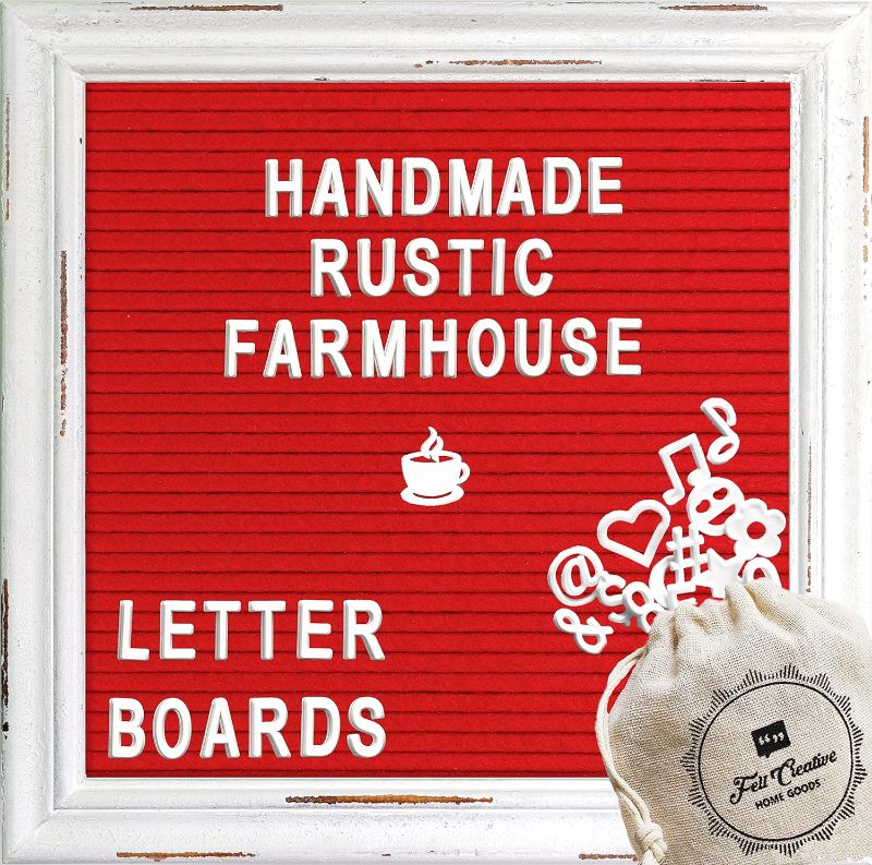 Photo 1 of Red Felt Letter Board Back to School Sign with Rustic Wood White Frame - Farmhouse Letter Board Sign with Stand - Baby Announcement 10x10 Felt Board Changeable Message Board with 350 Letter Set