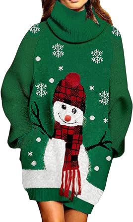 Photo 1 of (M) Pink Queen Women Turtleneck Loose Print Christmas Long Sweater Dress with Pockets Dark Green - Snowman & Snowflake 