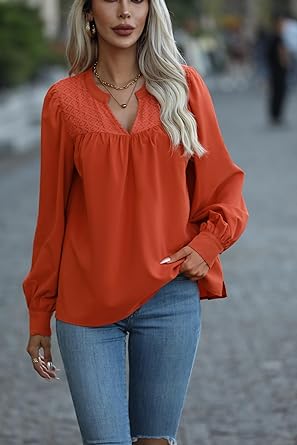 Photo 1 of (M) TORARY Women's Casual Lace Crochet Chiffon Tops V Neck Long Sleeve Elegant Dressy Shirts Blouses for Women