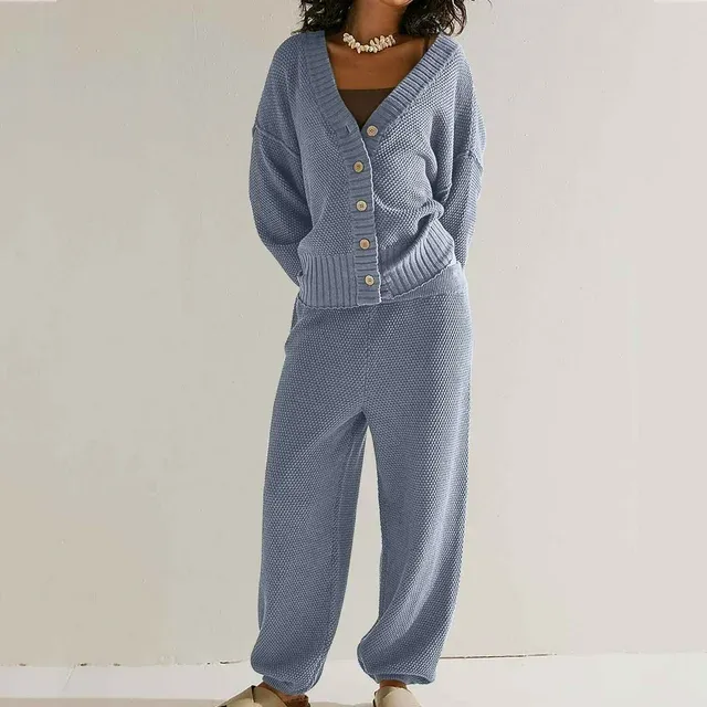 Photo 1 of (S) Women's 2 Piece Outfits Sweater Sets Oversized Knit Cardigan and High Waisted Baggy Pants Loose Lounge Sets (Gray)
