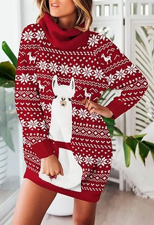 Photo 1 of (L) Pink Queen Women Turtleneck Loose Print Christmas Long Sweater Dress with Pockets