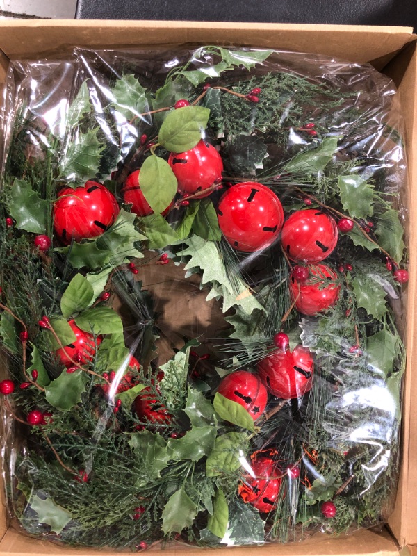 Photo 2 of 21" Artificial Christmas Wreath with Red Berries Red Bells Decorations Winter Wreath for Front Door Wall Home Deco