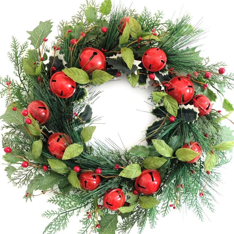 Photo 1 of 21" Artificial Christmas Wreath with Red Berries Red Bells Decorations Winter Wreath for Front Door Wall Home Deco