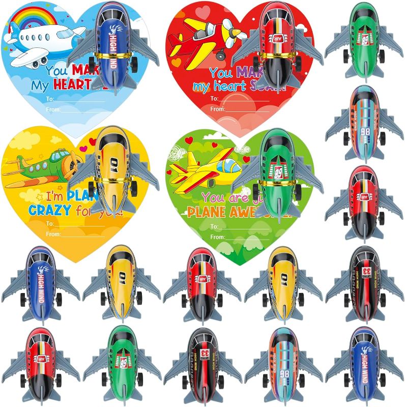 Photo 1 of 20 Pack Valentines Card with Pull Back Airplanes, Mini Planes with Valentines Day Cards for Kids Valentine Party Favor Classroom Treat Gift Exchange School Game Prize