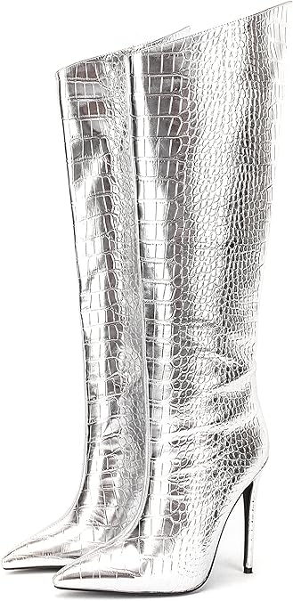 Photo 1 of CEVARISAI Women's Silver Knee High Boots Faux Crocodile Pattern Pointed Toe Stiletto Boot Banquet Dress Boots - SIZE 38 (WOMEN'S 7)