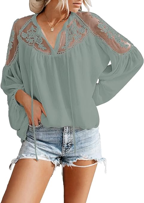 Photo 1 of Asvivid Womens V Neck Crochet Lace Tops Casual Loose Puff Long Sleeve Shirts Chiffon Blouses SIZE M
