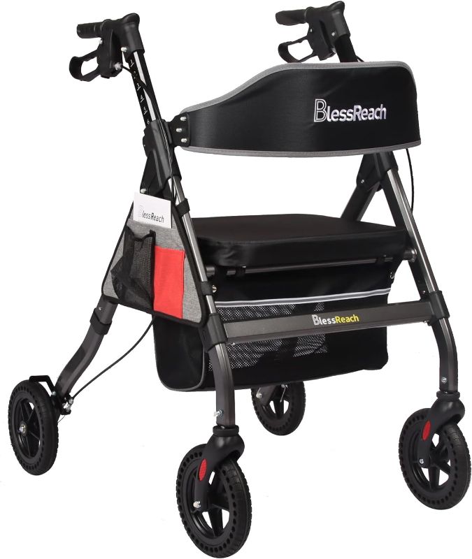 Photo 1 of BlessReach Heavy Duty Rollator Walker - Aluminum Rolling Walker for Seniors and Adults with Large Seat, Support Up 450 lbs (Grey) 