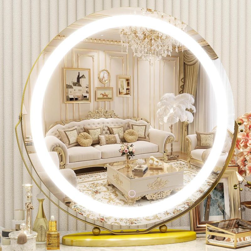 Photo 1 of ROLOVE Vanity Mirror with Lights, 20" LED Lighted Smart Touch Control 3 Colors Dimmable Round Mirror 360°Rotation Gold 