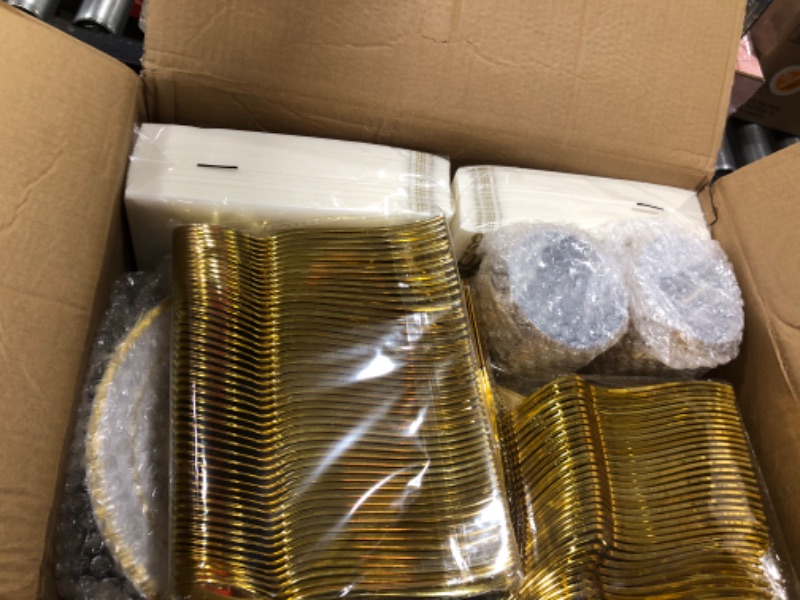 Photo 1 of 700 Piece Gold Dinnerware Set for 100 Guests, Plastic Plates Disposable for Party, Include: 100 Gold Rim Dinner Plates, 100 Dessert Plates, 100 Paper Napkins, 100 Cups, 100 Gold Plastic Silverware Set