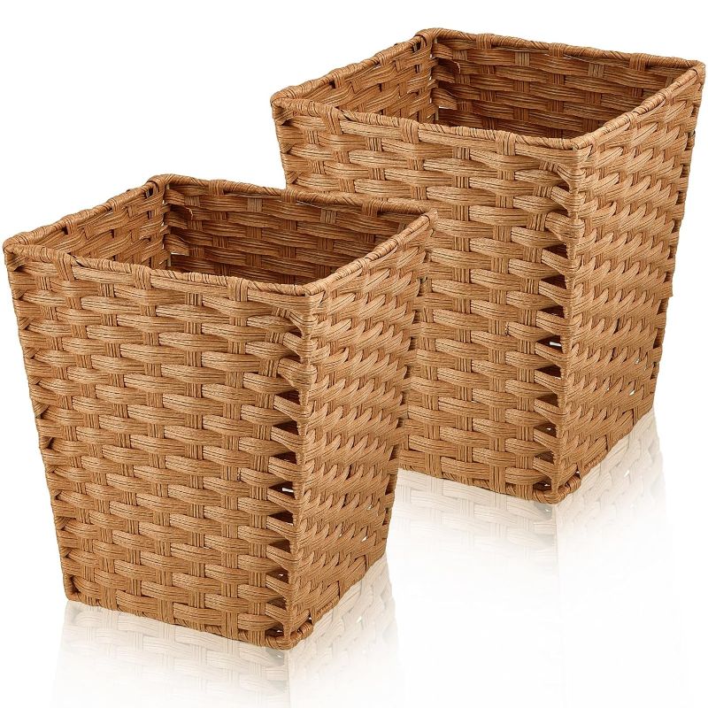 Photo 1 of 2 Pcs Small Wicker Waste Basket Woven Basket Trash Can Wastebasket 10" x 10" x 12" Square Wicker Trash Basket Garbage Container Bin for Bathroom Kitchen Bedroom Office Home Laundry
