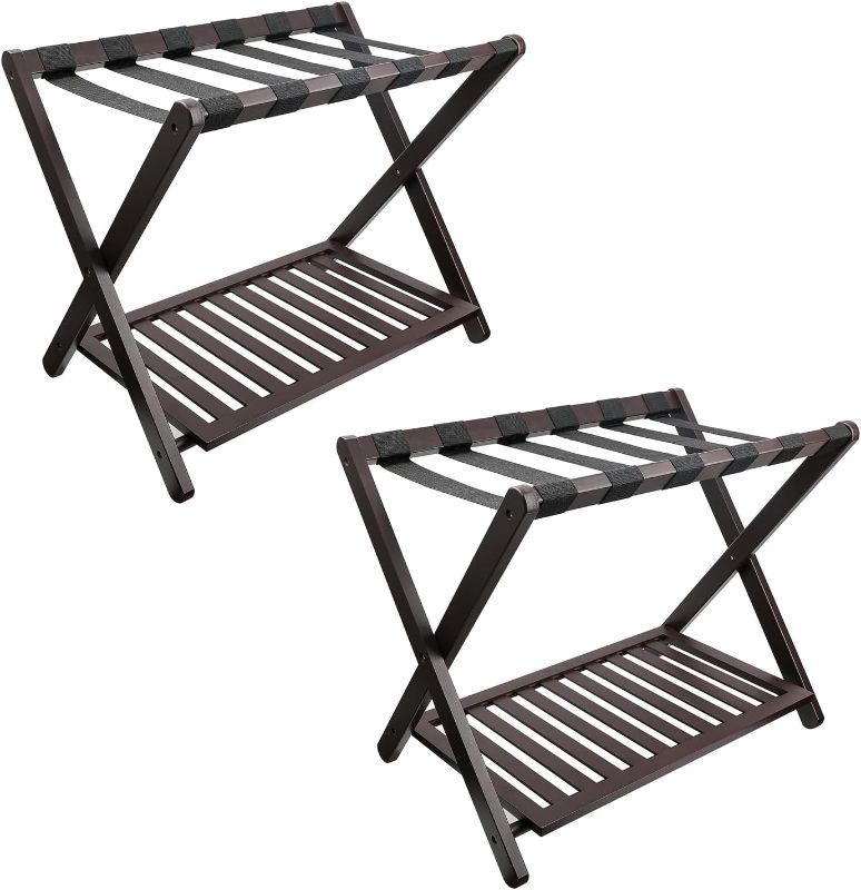 Photo 1 of 2 Pack Bamboo Luggage Rack for Guest Room, Heavy Duty Folding Suitcase Stand with Storage Shelf for Home Bedroom Hotel - Brown
