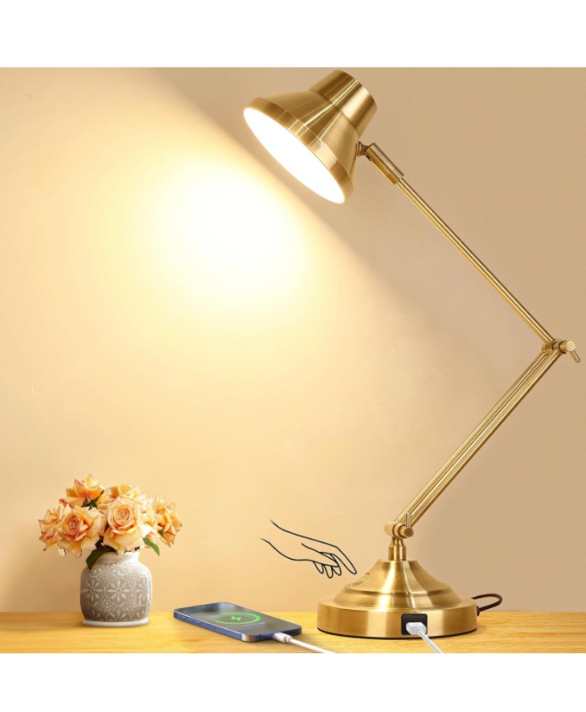 Photo 1 of LED Desk Lamp with USB Port, Dimmable Touch Table Lamp with 3 Color Modes, Gold Reading Light with Adjustable Arm, Architect Desk Lamp for Home Office Bedside Nightstand Bedroom Living Room Study