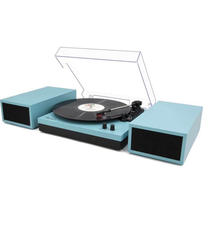 Photo 1 of 1 Vinyl Record Player with External Speakers, 3-Speed Belt-Drive Turntable for Vinyl Albums with Auto Off and Wireless Input,(Blue Leather)