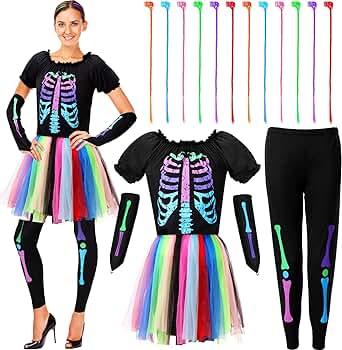 Photo 1 of 17 Pcs Funky Punk Bones Costumes Skeleton Colorful Tutu Dress Scary Cosplay Rainbow Skeleton Costume Women Bone T Shirt Bone Sleeve Bone Trousers with Hair Extensions for Halloween Dress up Parties